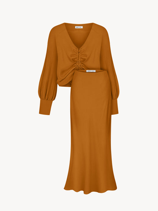 Suit with skirt in mustard from eucalyptus