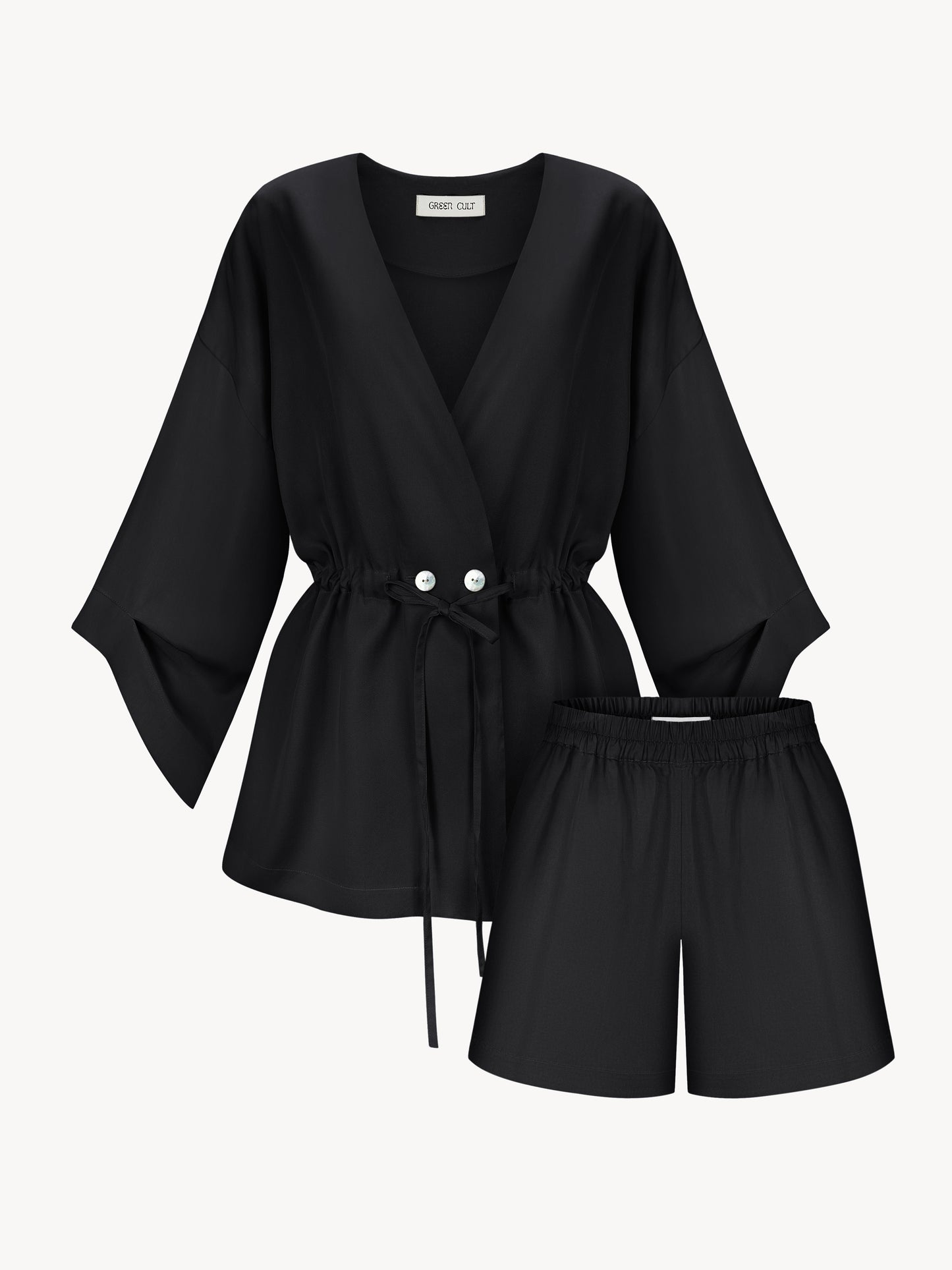 Eucalyptus kiss kimono set with shorts in black