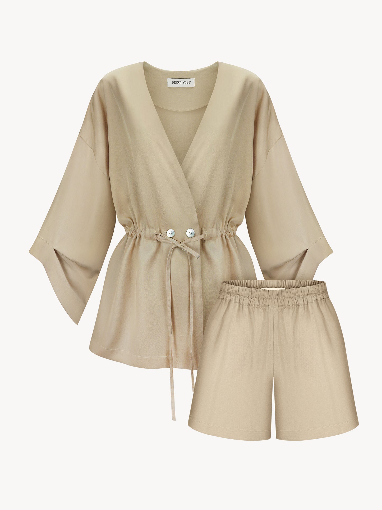 Eucalyptus kiss kimono set with shorts in nude