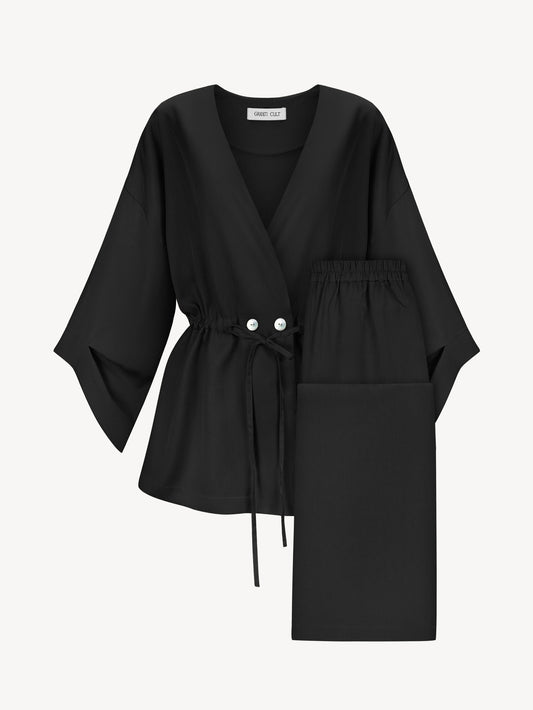 A black-colored eucalyptus kimono suit with palazzo pants