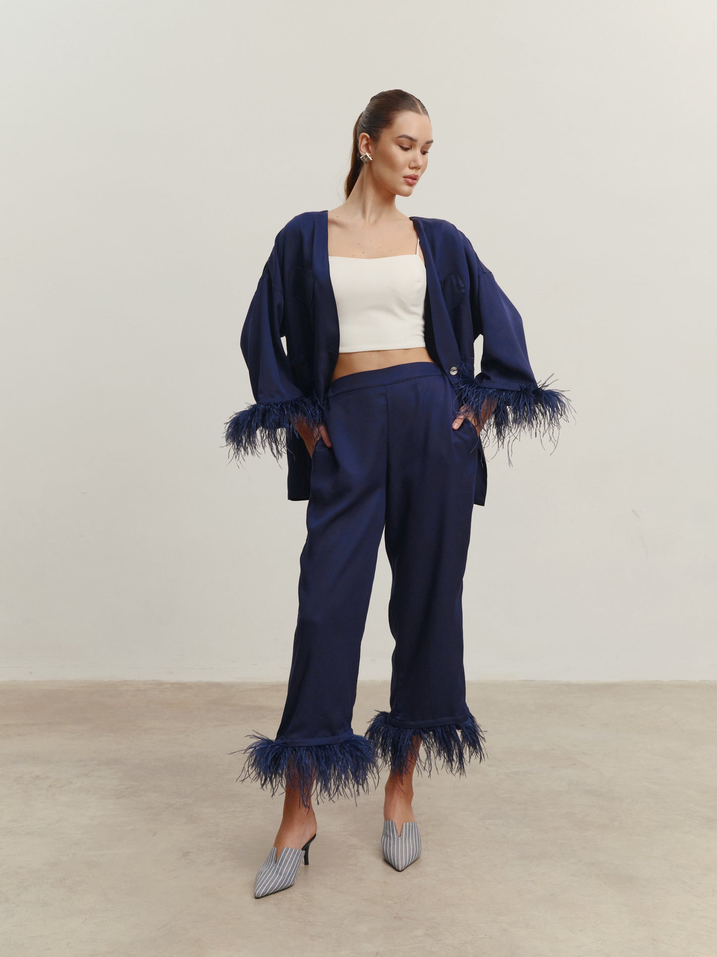 Eucalyptus kimono suit with removable feathers