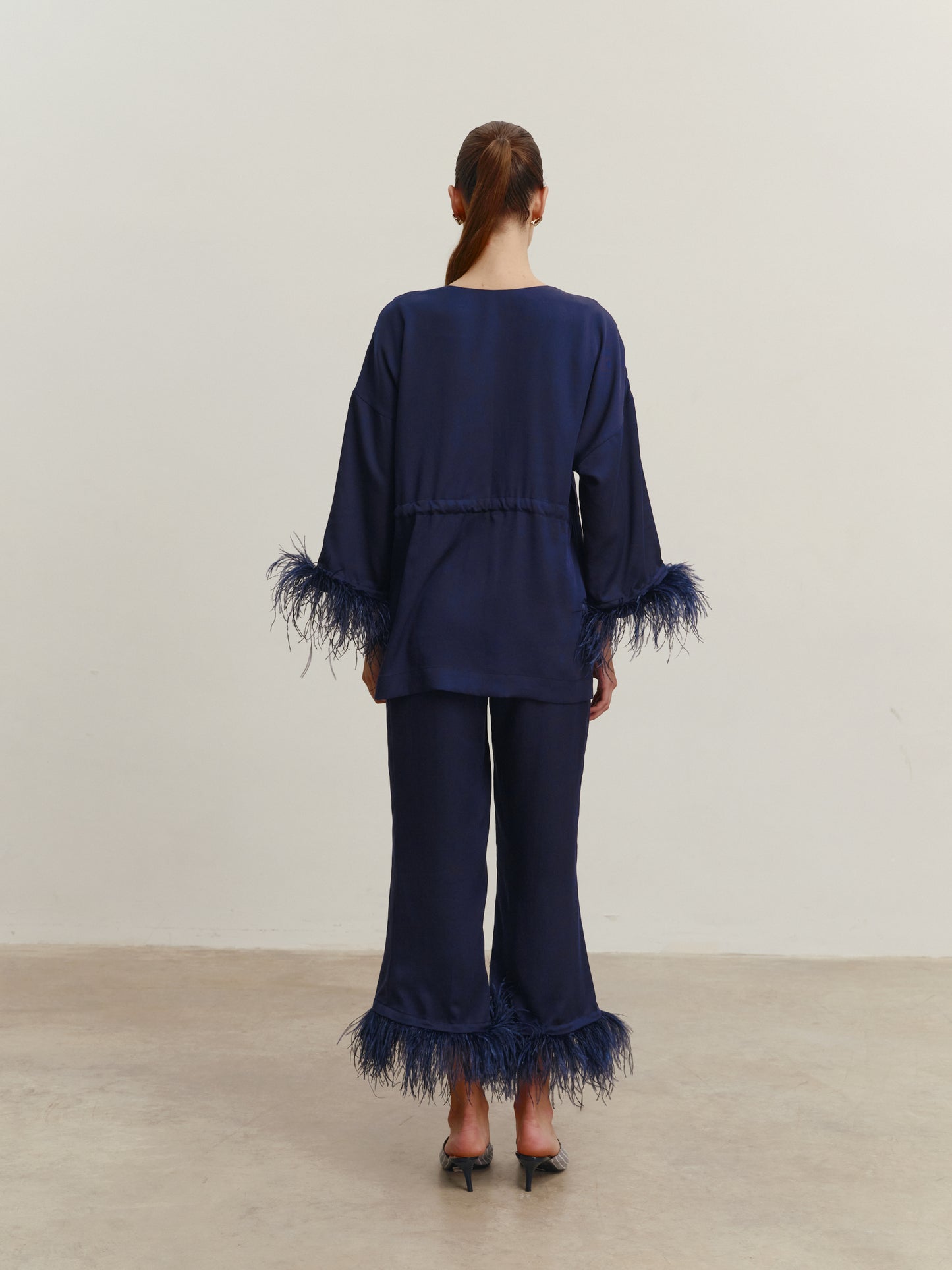 Eucalyptus kimono suit with removable feathers