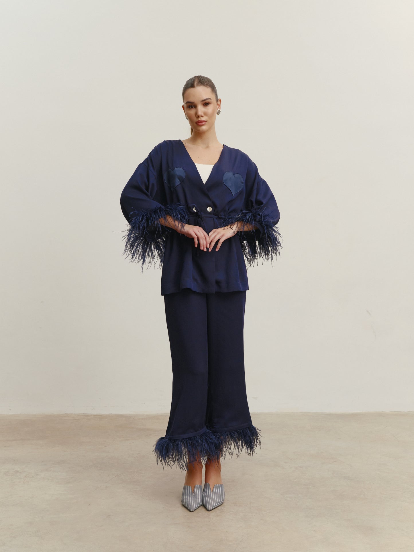 Eucalyptus kimono suit with removable feathers