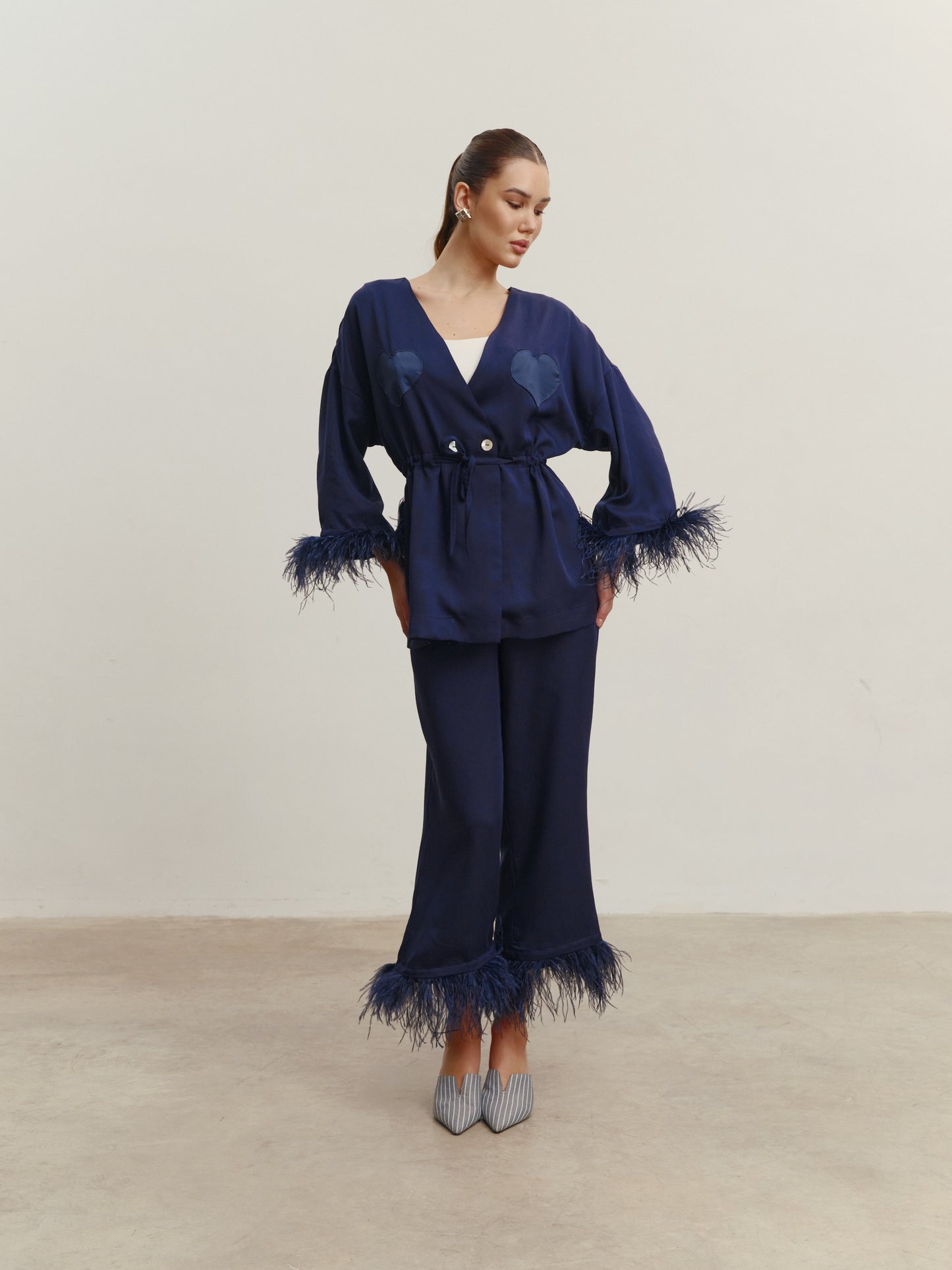 Eucalyptus kimono suit with removable feathers