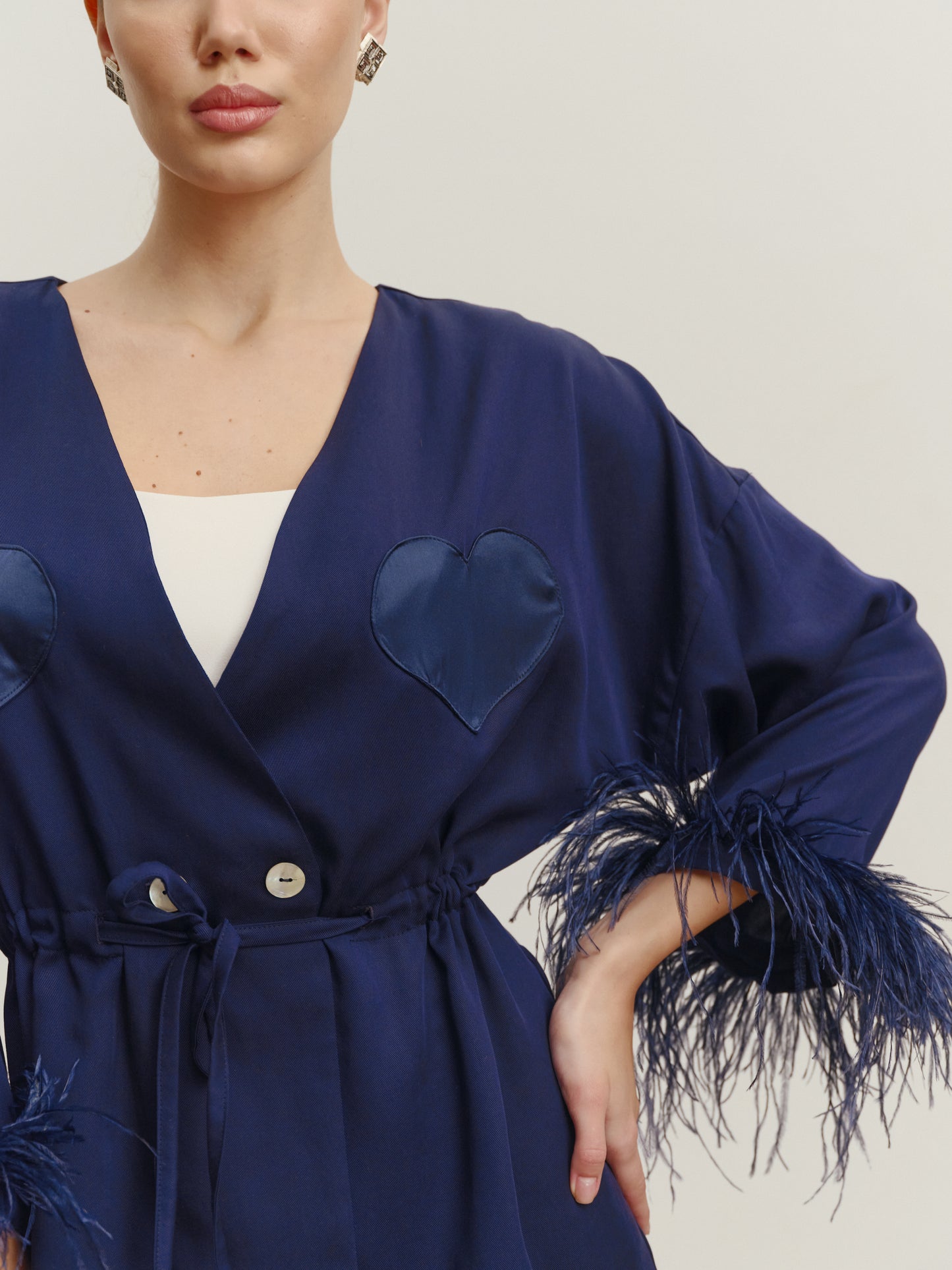 Eucalyptus kimono suit with removable feathers