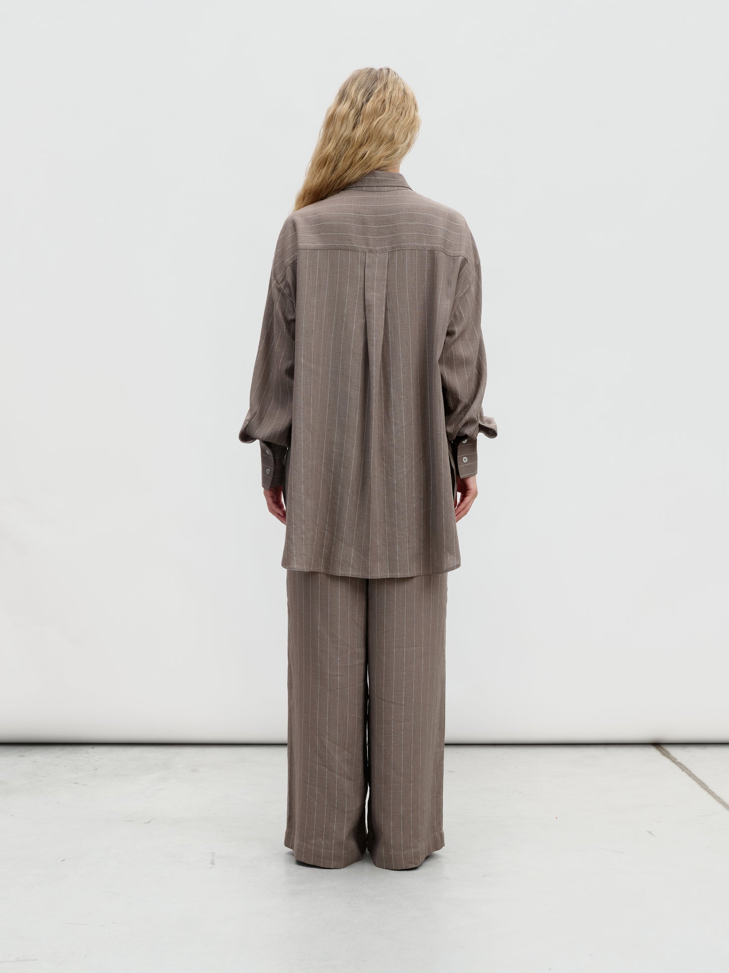 Linen striped suit with palazzo pants in mocha