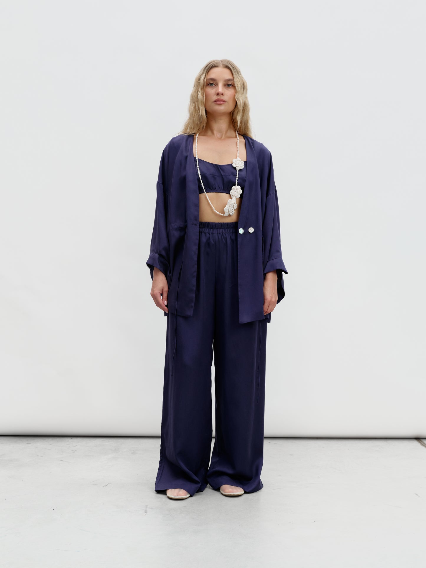 Eucalyptus kiss kimono set with pants in navy blue