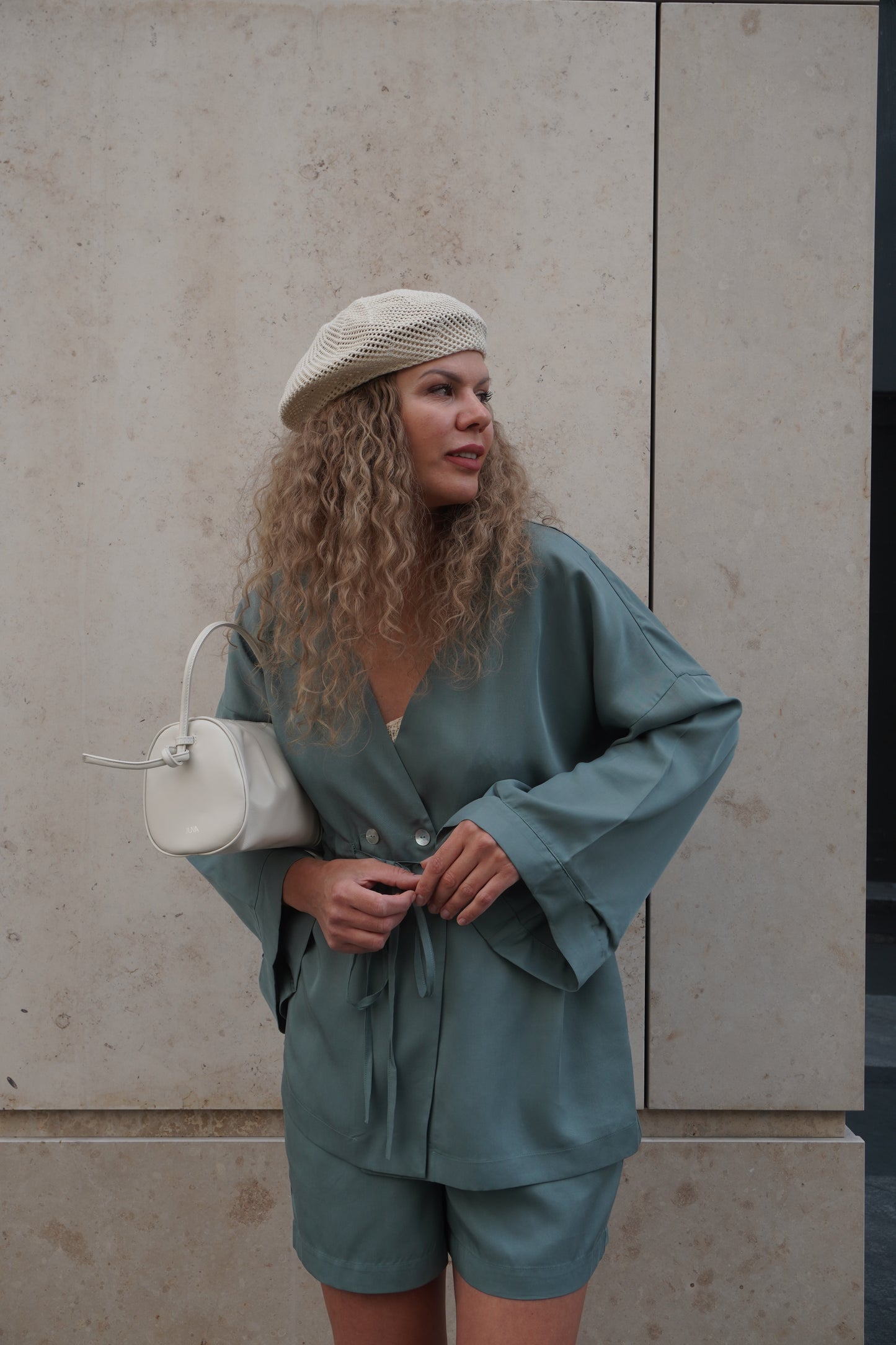 Eucalyptus kiss kimono set with shorts in grass green
