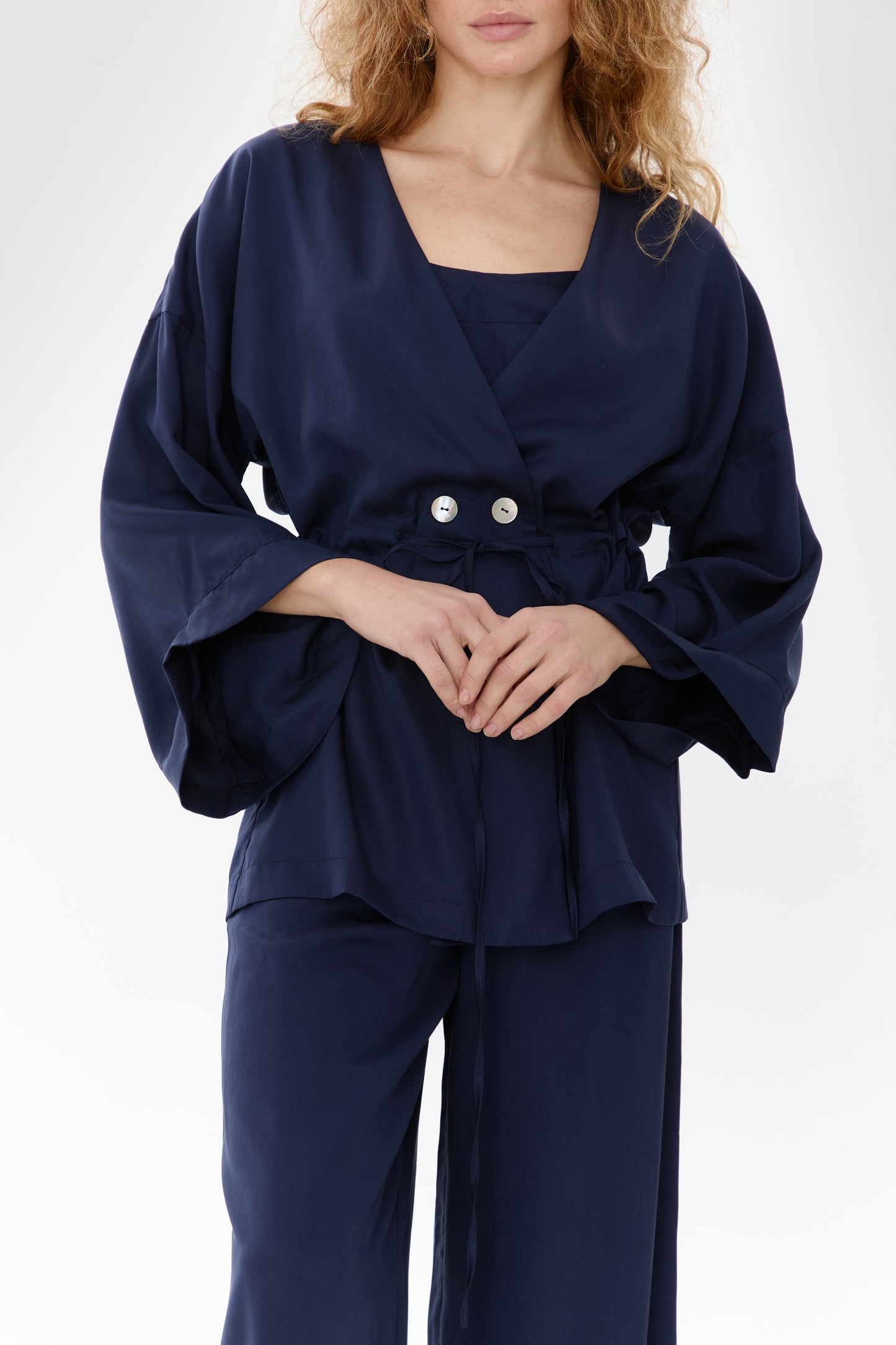 Eucalyptus kiss kimono set with pants in navy blue