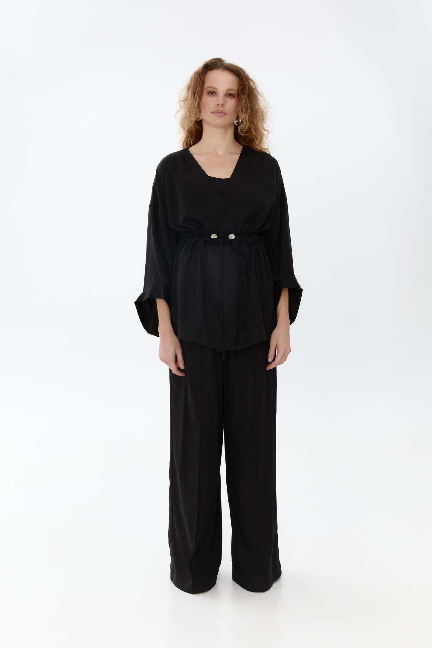 A black-colored eucalyptus kimono suit with palazzo pants