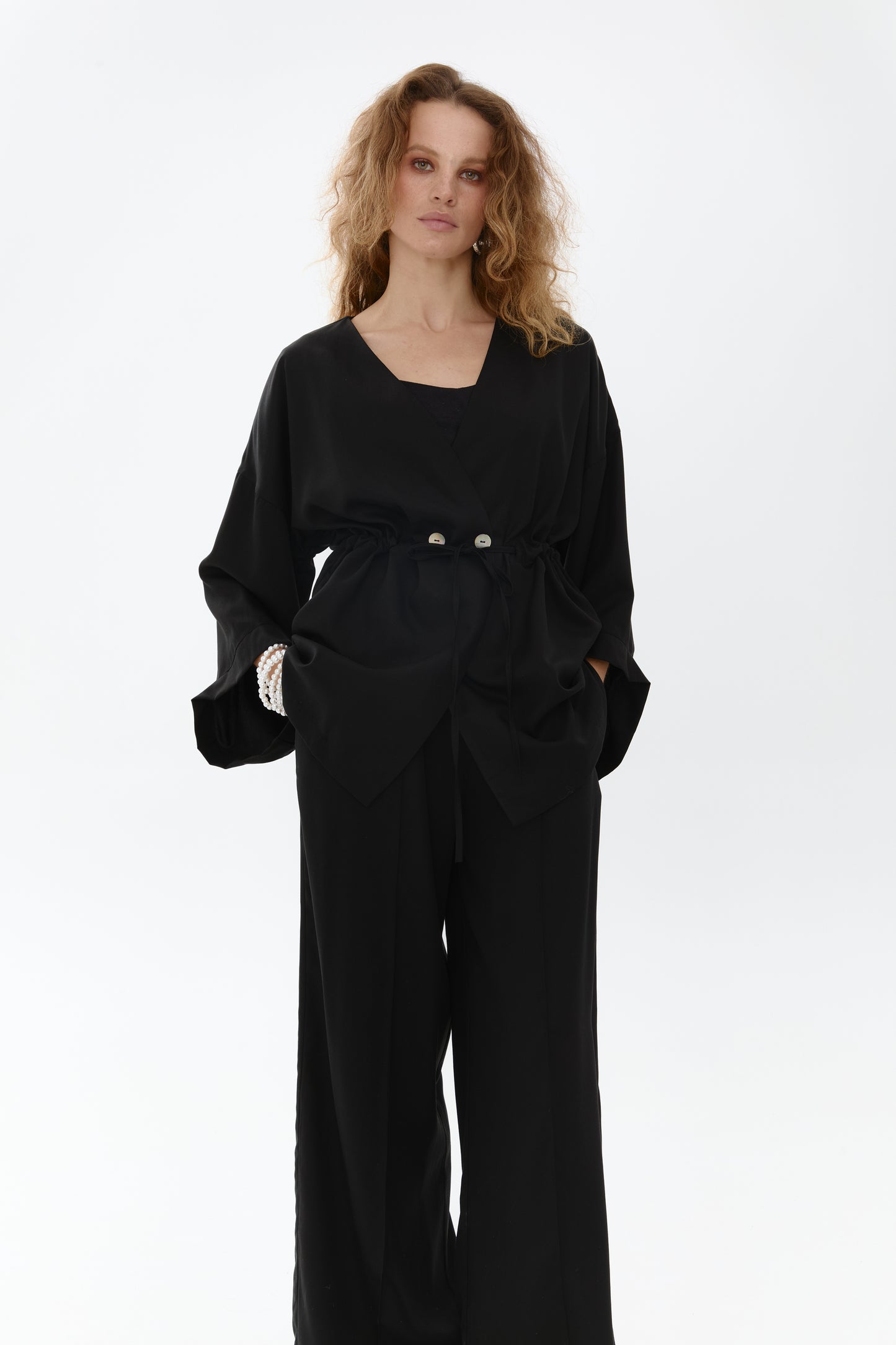 A black-colored eucalyptus kimono suit with palazzo pants