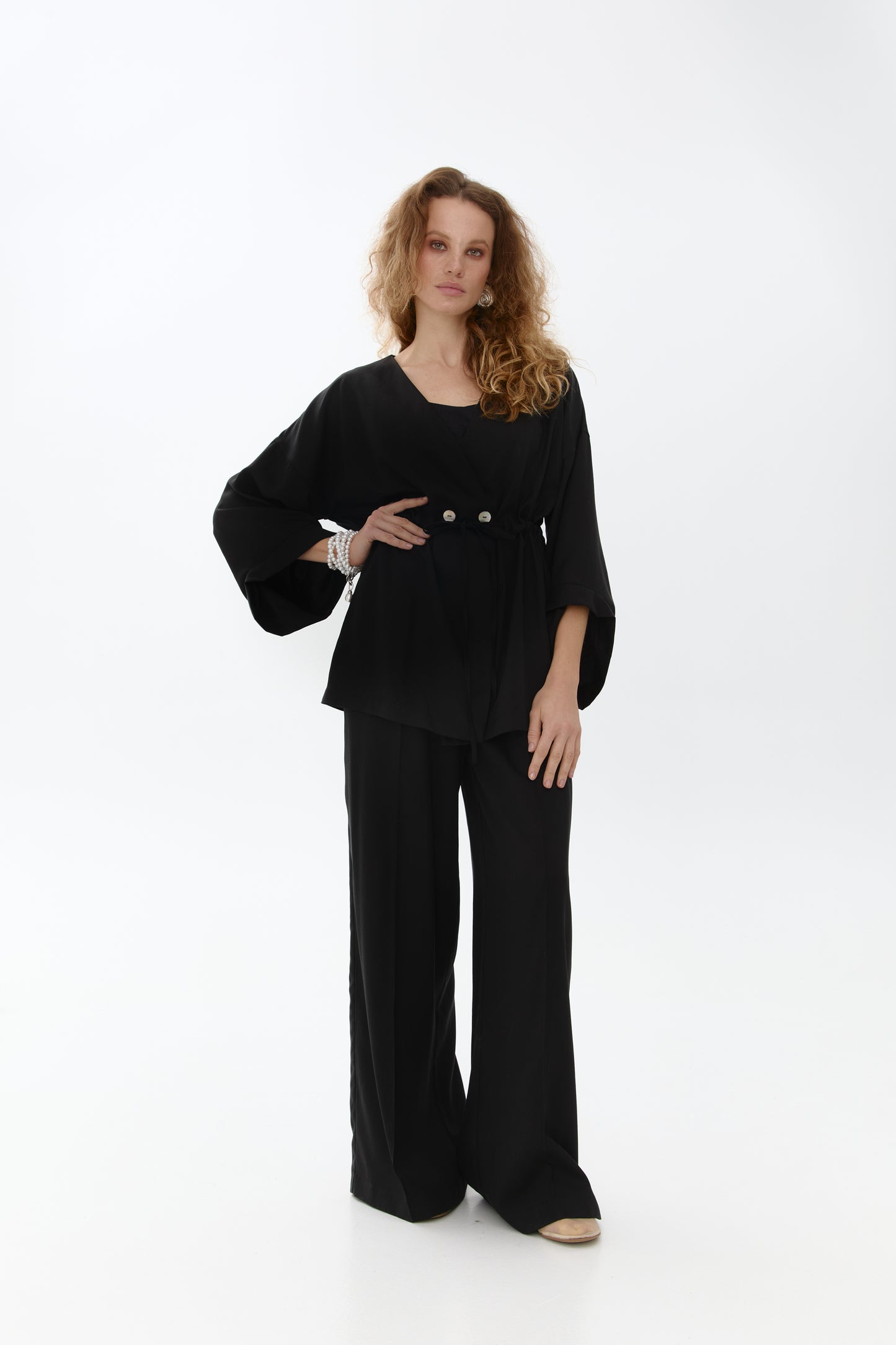 A black-colored eucalyptus kimono suit with palazzo pants