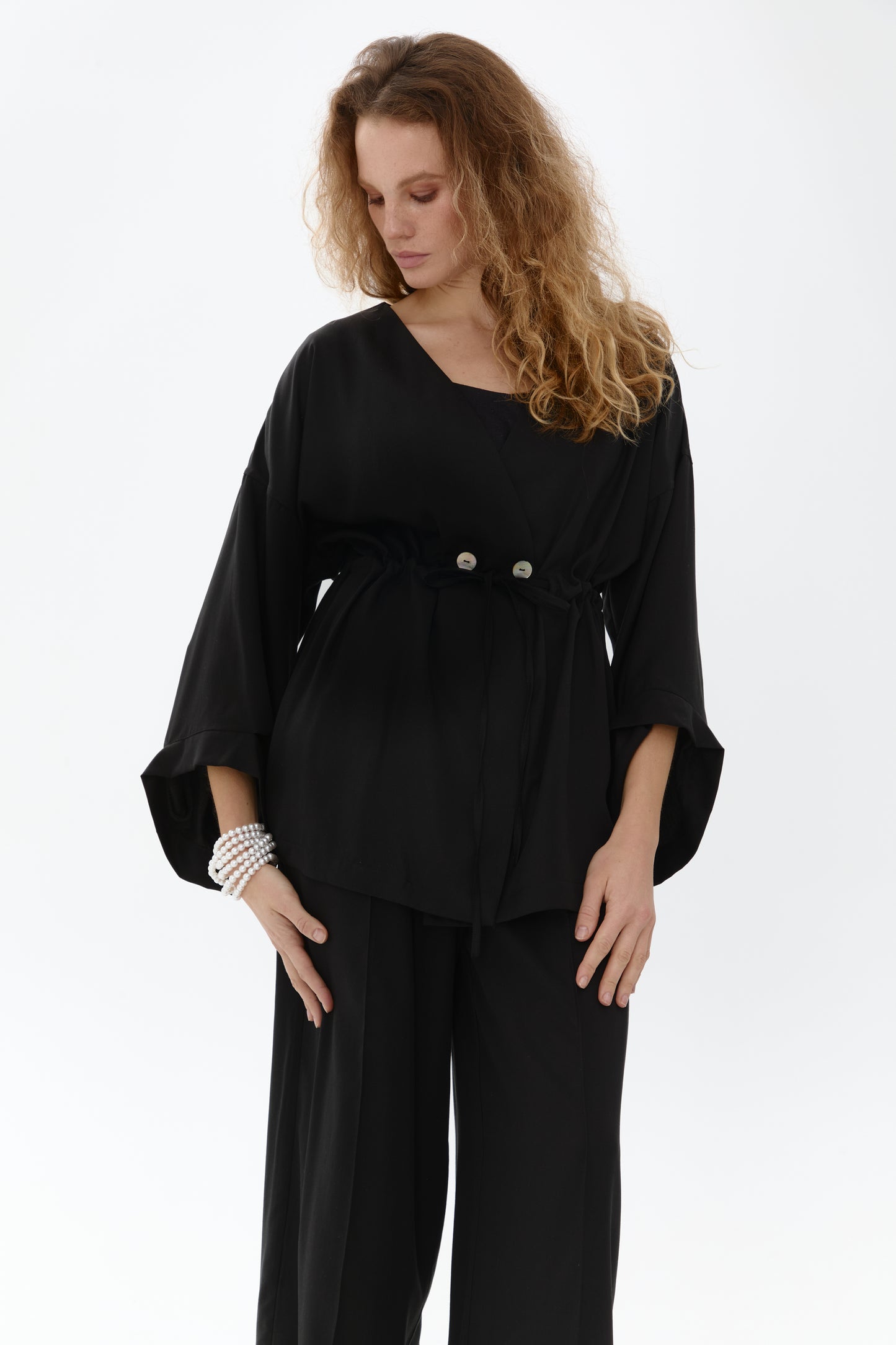 A black-colored eucalyptus kimono suit with palazzo pants