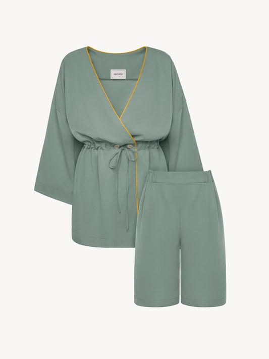 An eucalyptus kimono set with shorts in green color