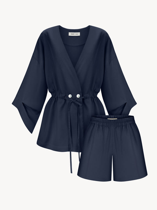 Eucalyptus kiss kimono set with shorts in navy blue