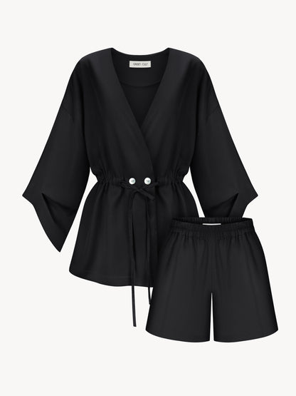 Eucalyptus kiss kimono set with shorts in black