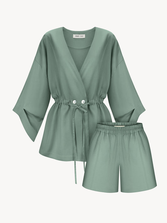 Eucalyptus kiss kimono set with shorts in grass green