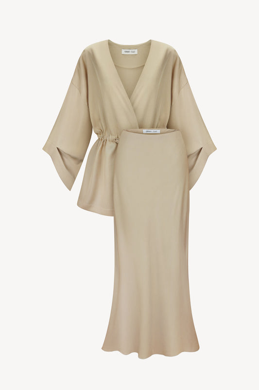 A sand-colored eucalyptus kimono suit with skirt