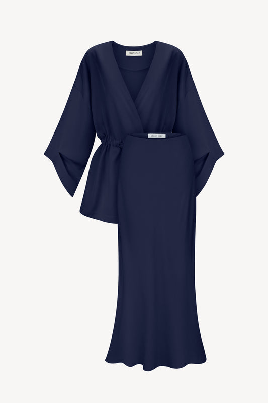 A navy-blue-colored eucalyptus kimono suit with skirt