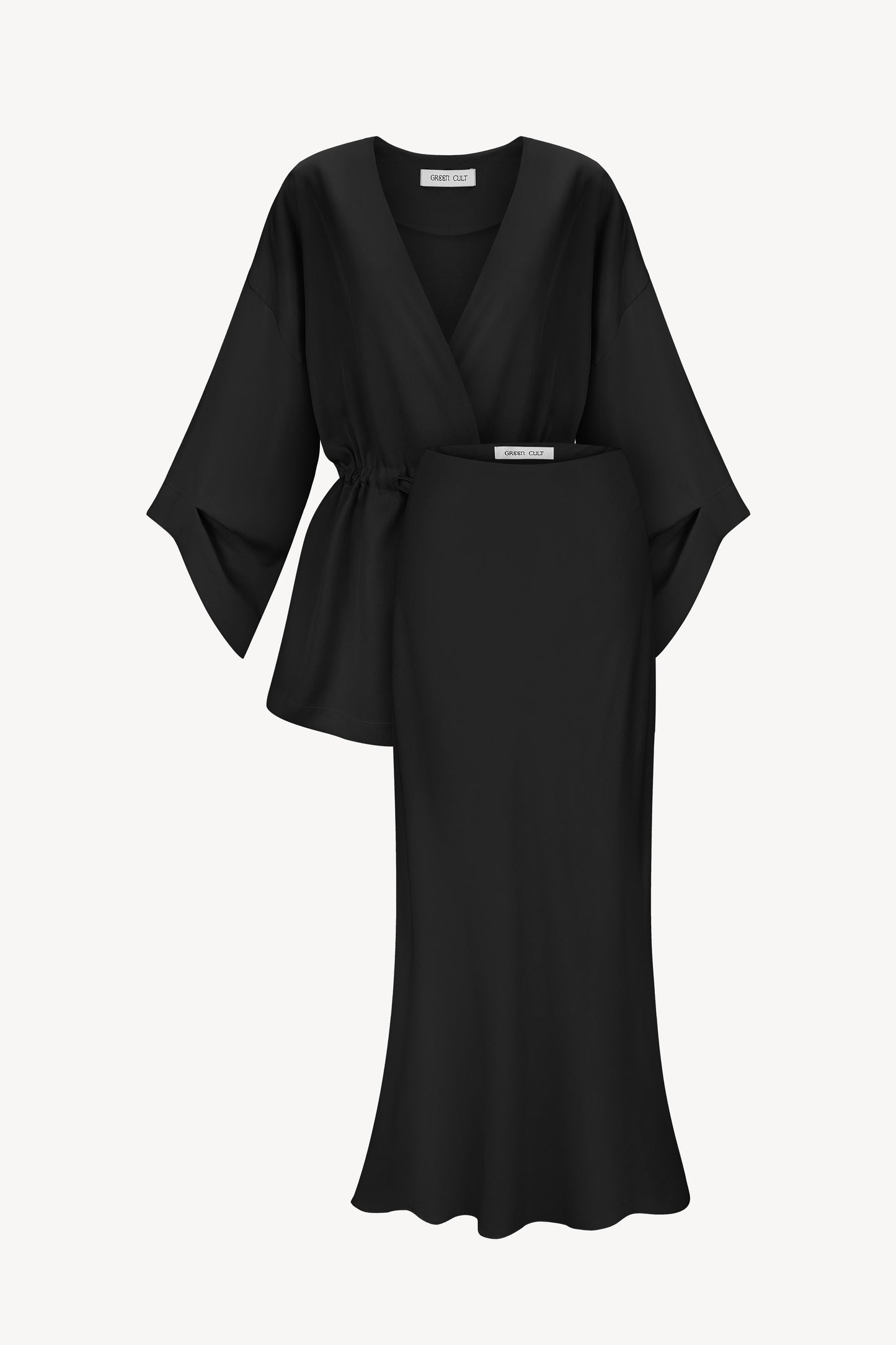 A black-colored eucalyptus kimono suit with skirt