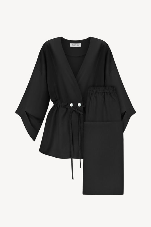 A black-colored eucalyptus kimono suit with palazzo pants