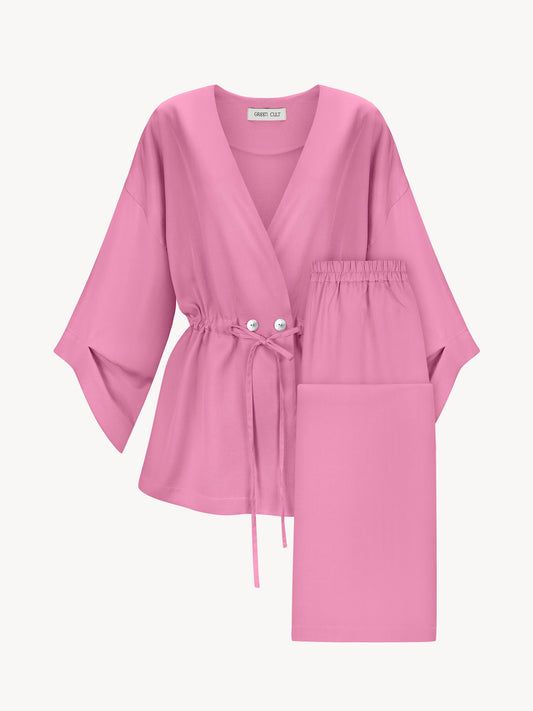 Eucalyptus kiss kimono set with pants in pink