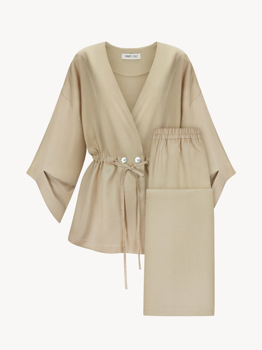 A sand-colored eucalyptus kimono suit with palazzo pants