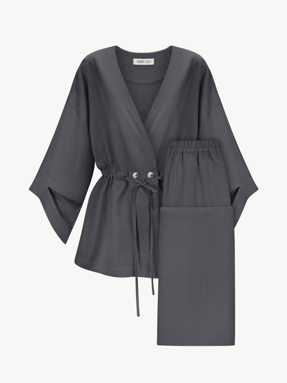 A graphite-colored eucalyptus kimono suit with palazzo pants