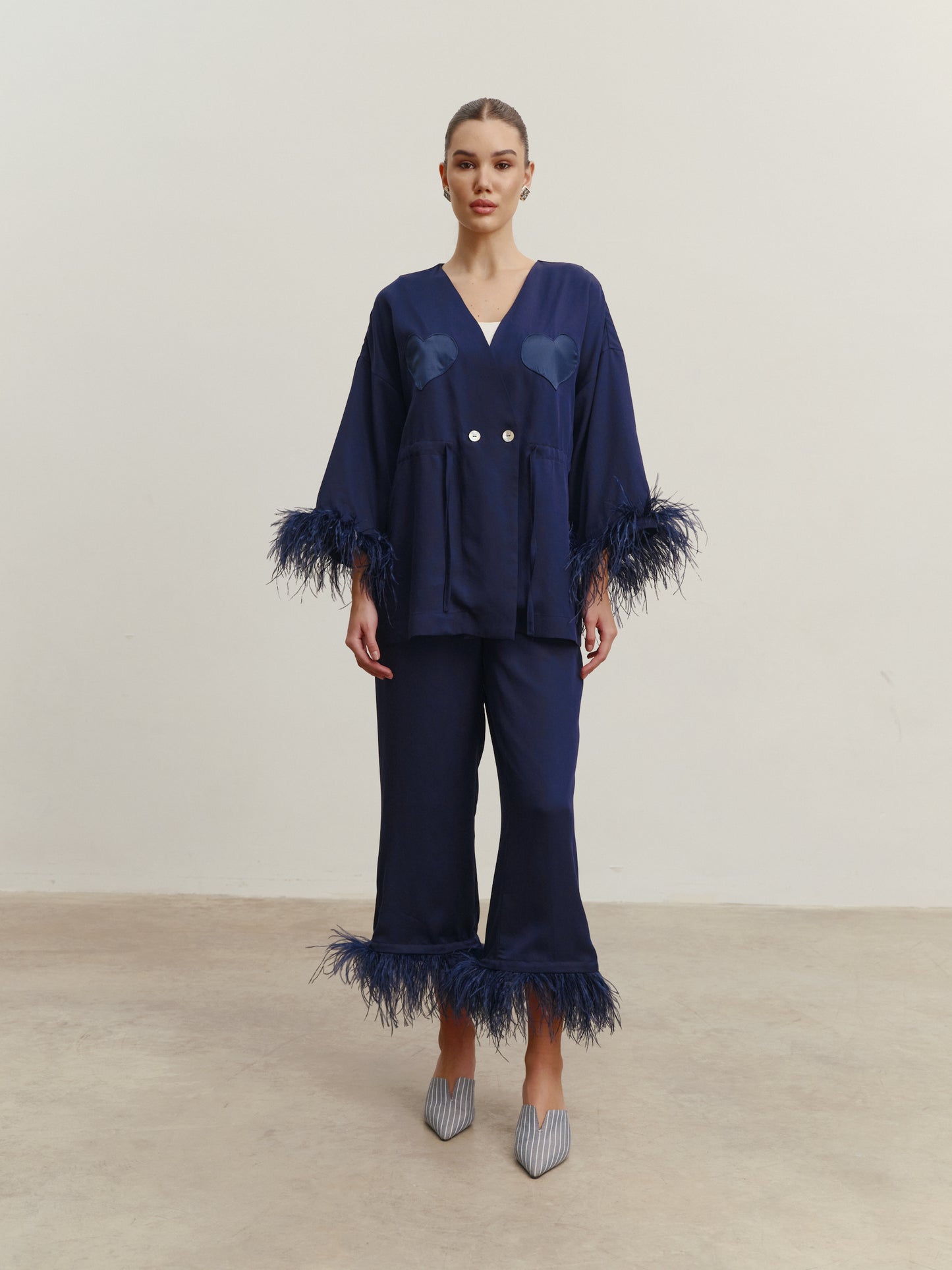 Eucalyptus kimono suit with detachable feathers