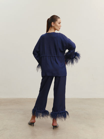 Eucalyptus kimono suit with detachable feathers