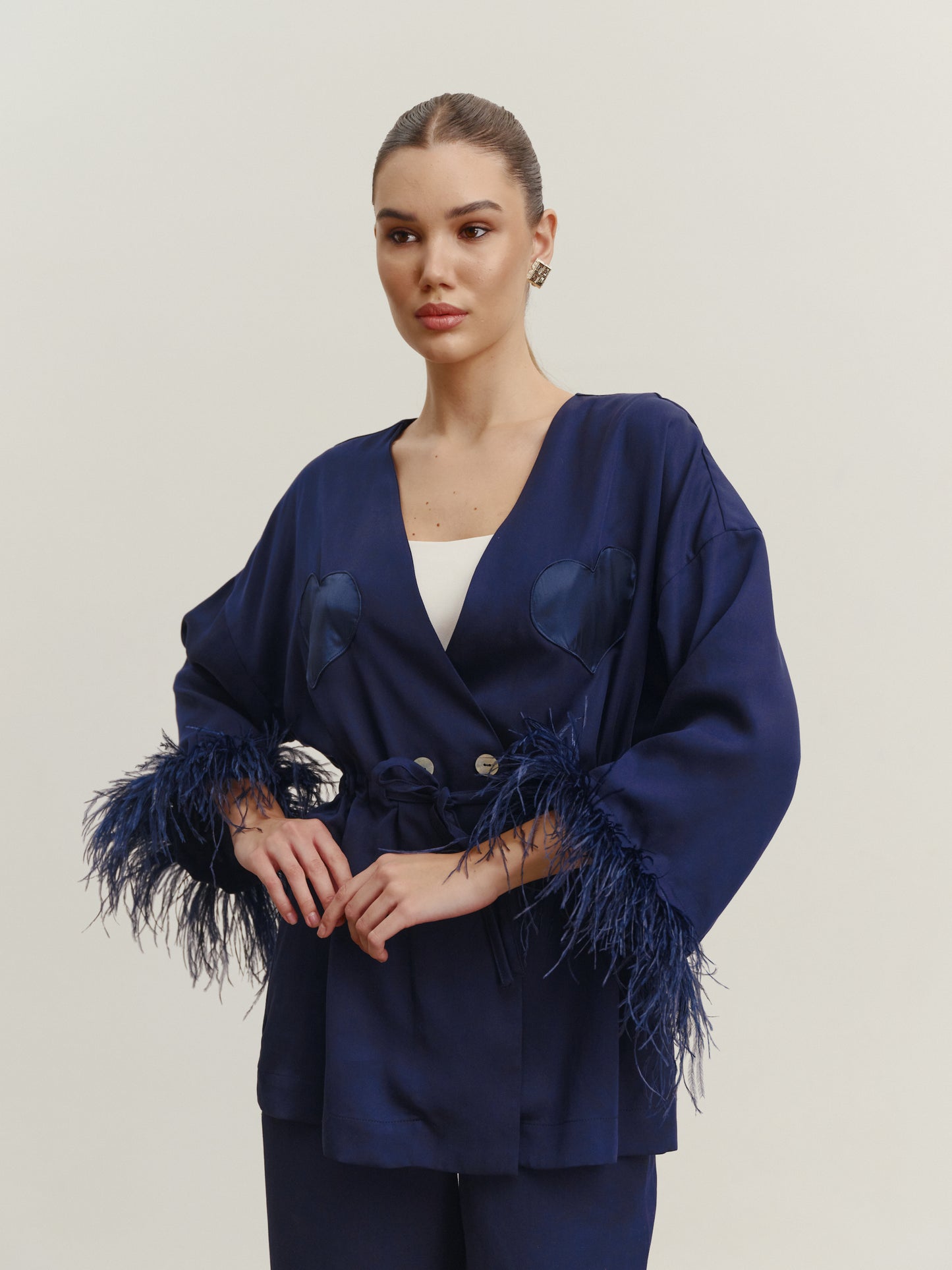 Eucalyptus kimono suit with detachable feathers