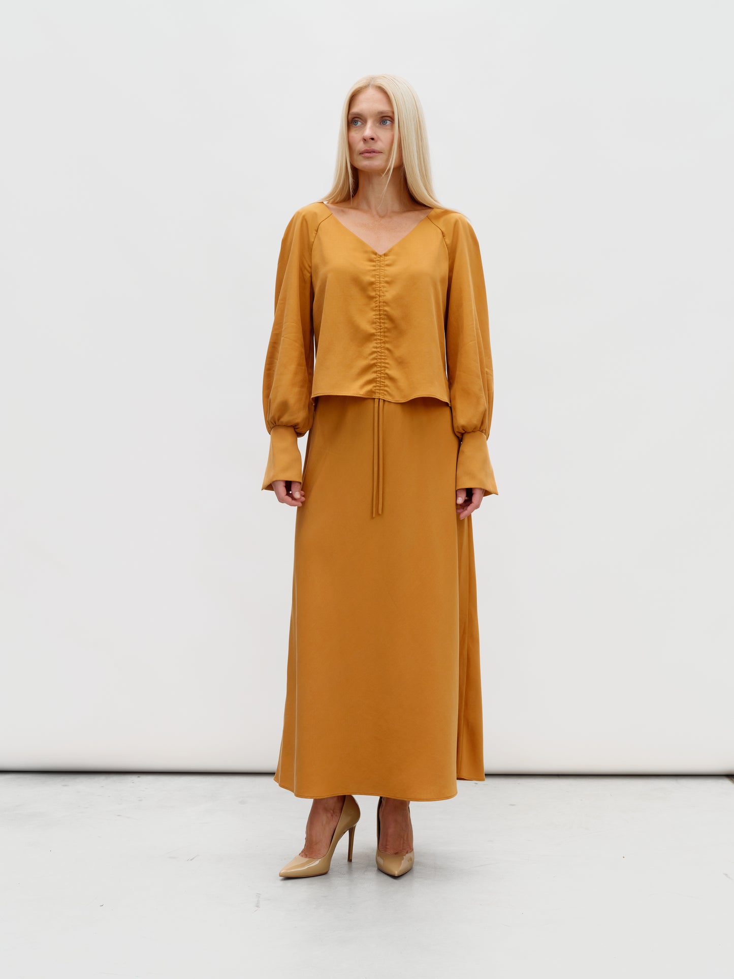 Mustard-colored eucalyptus skirt suit