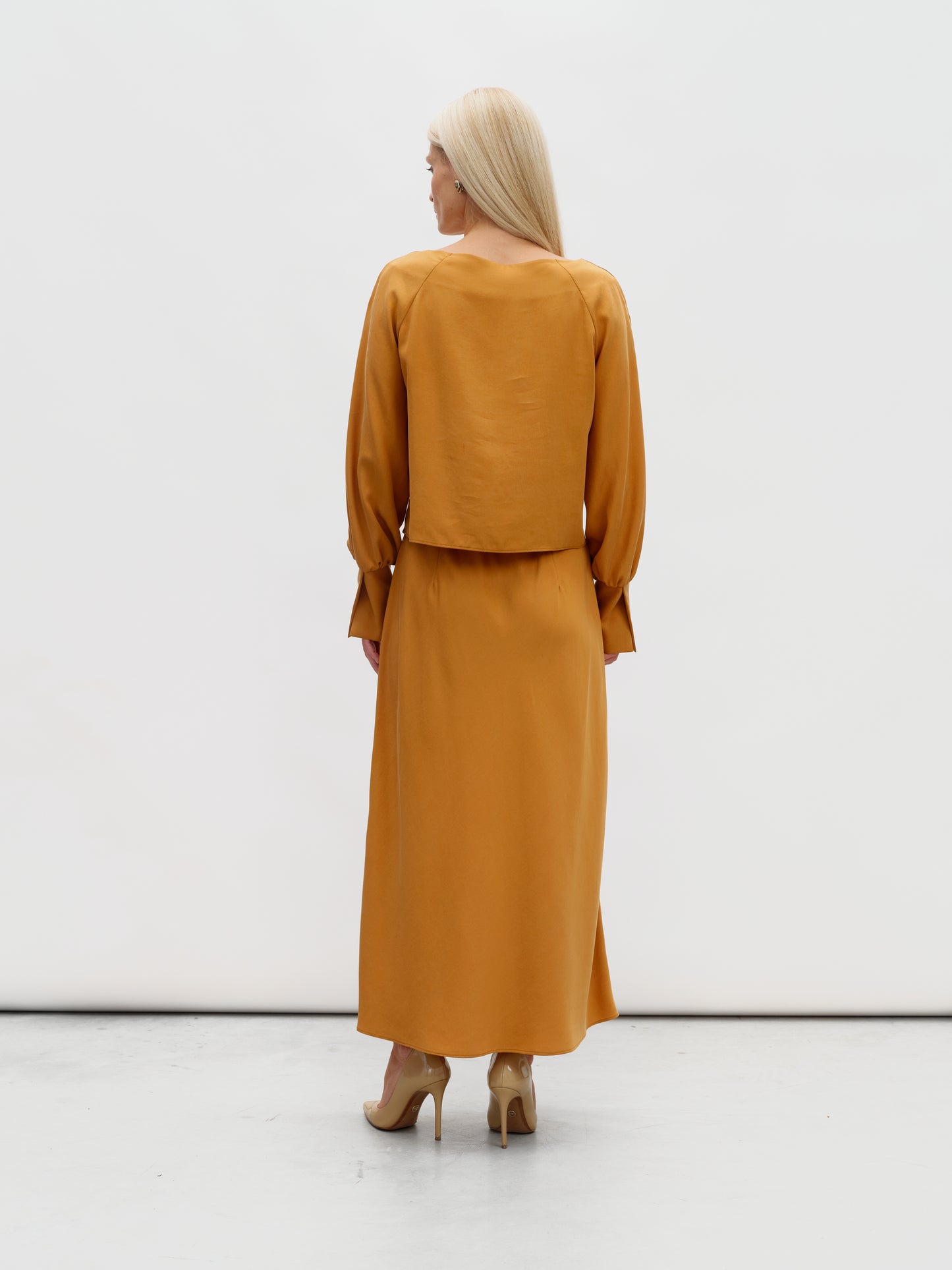 Mustard-colored eucalyptus skirt suit