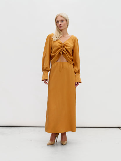 Mustard-colored eucalyptus skirt suit