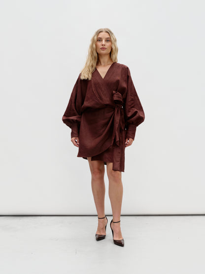 Brown linen wrap dress