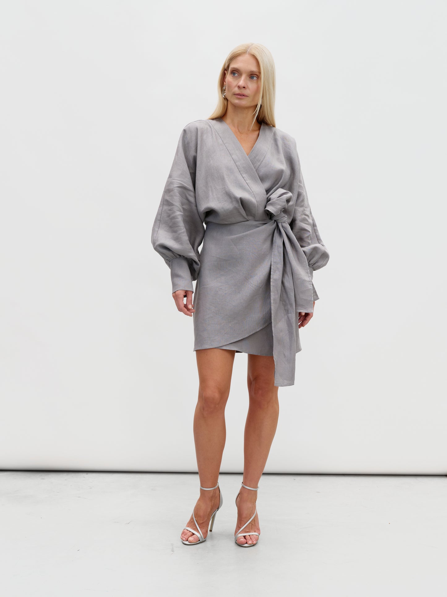 Gray linen wrap dress