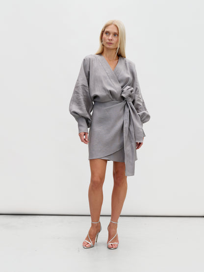 Gray linen wrap dress