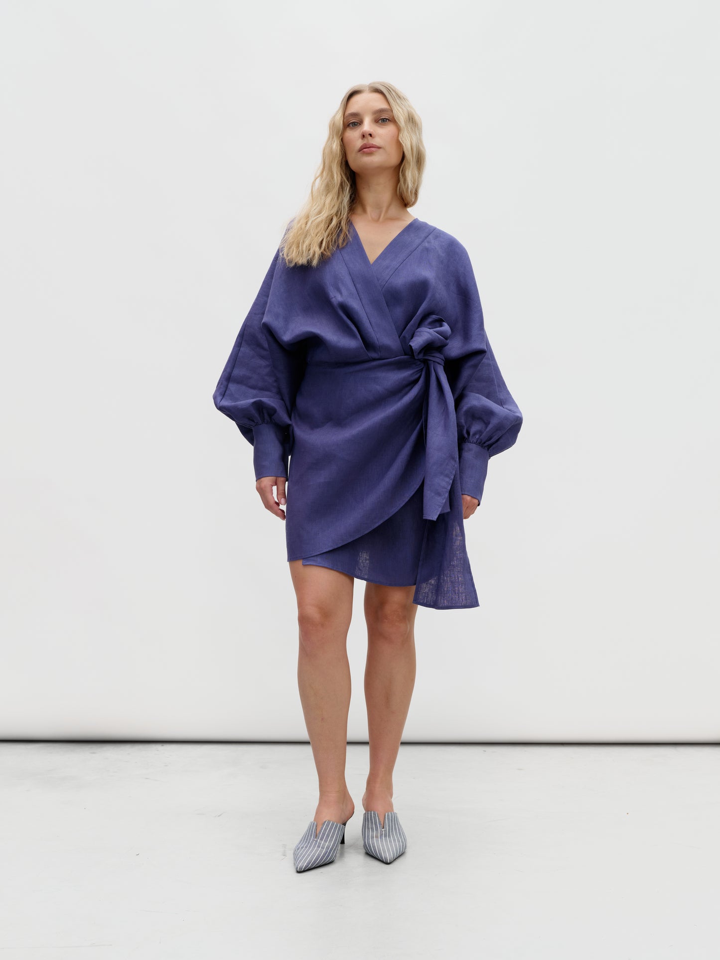 Blue linen wrap dress