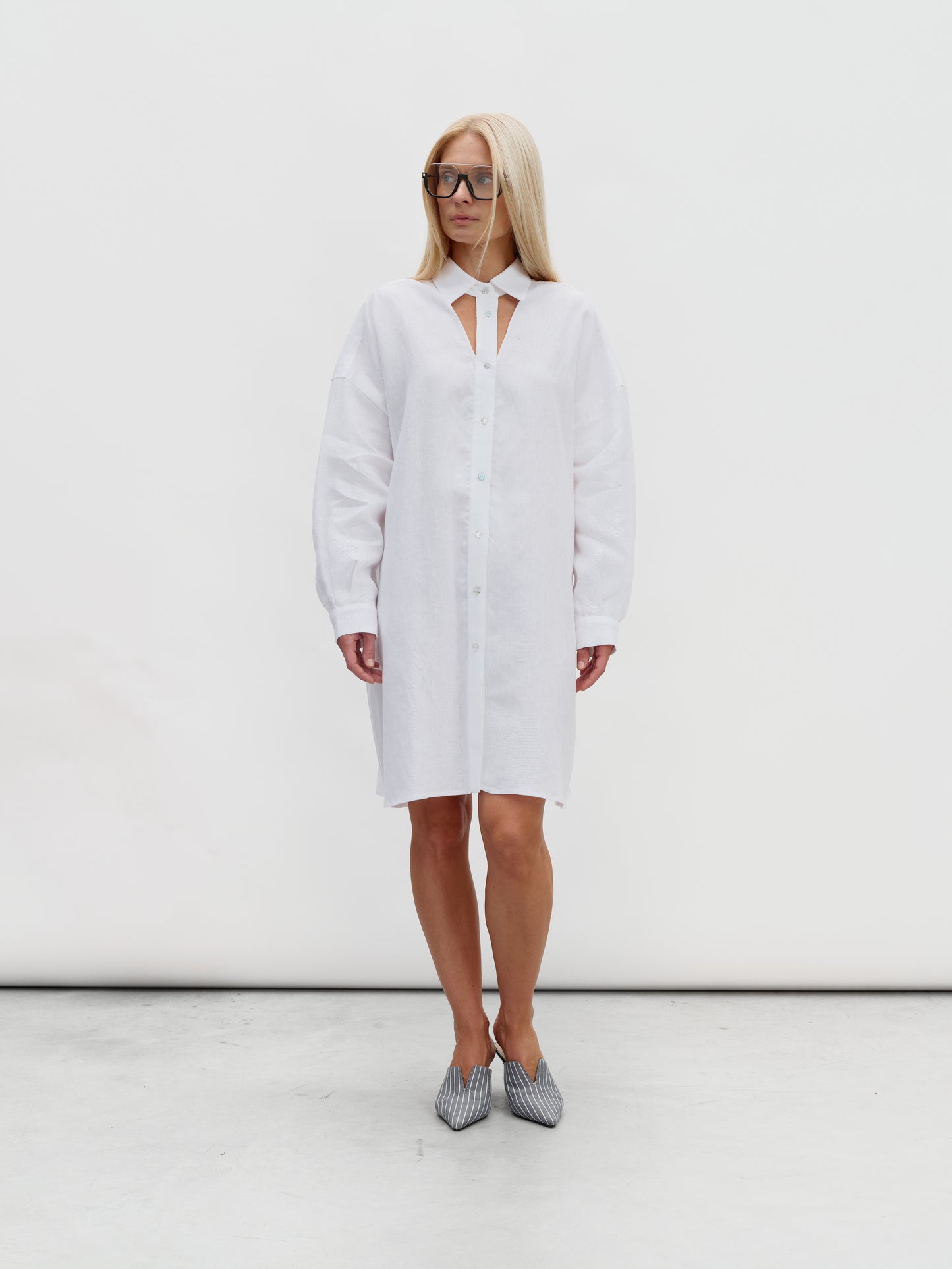 White linen shirt dress