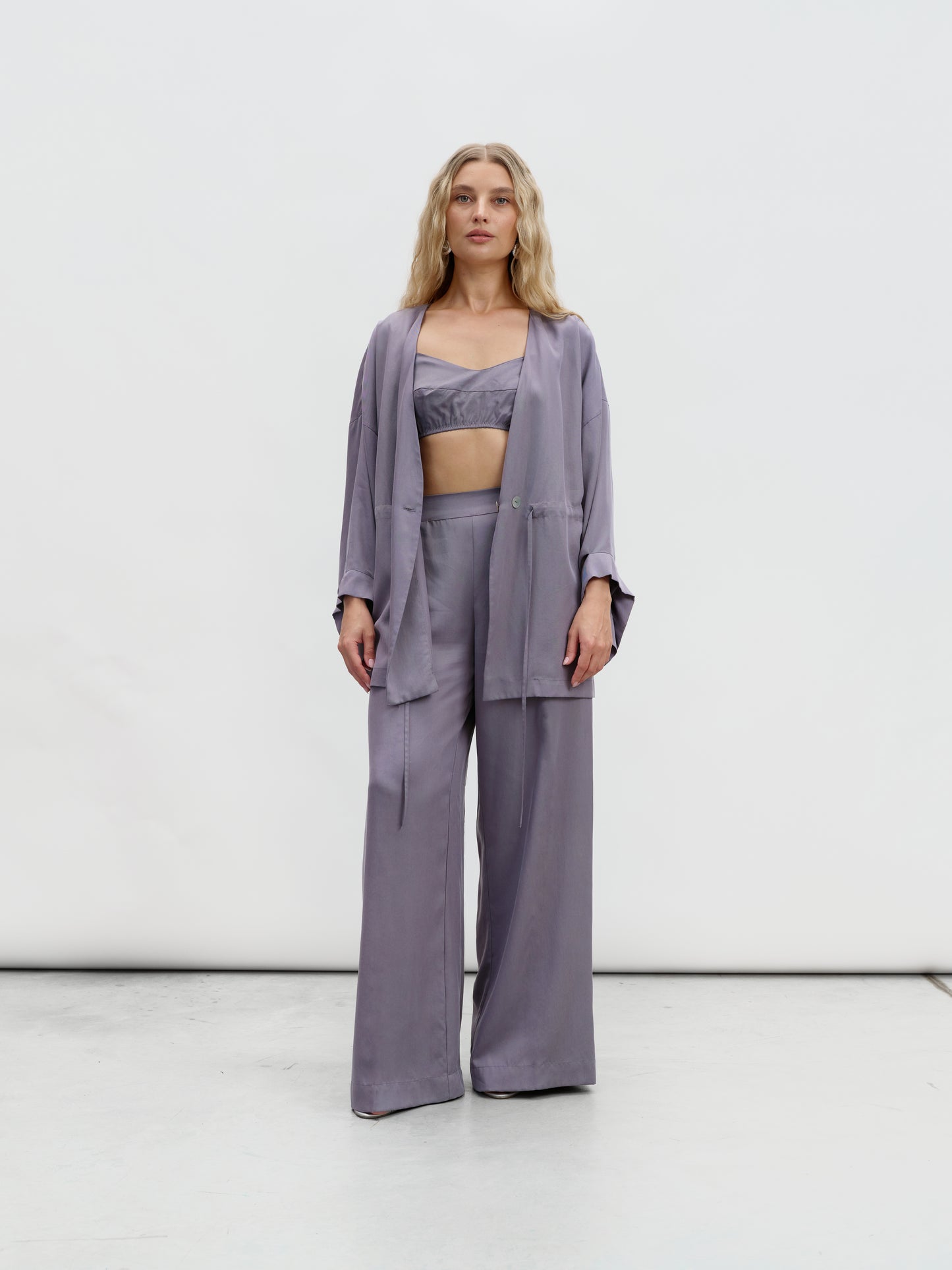 A graphite-colored eucalyptus kimono suit with palazzo pants