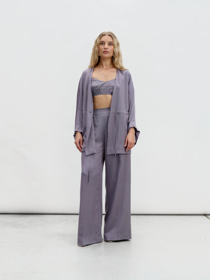 A graphite-colored eucalyptus kimono suit with palazzo pants