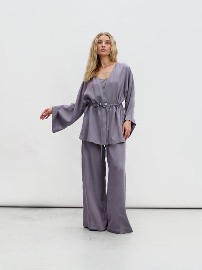 A graphite-colored eucalyptus kimono suit with palazzo pants