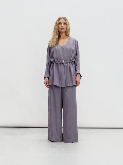 A graphite-colored eucalyptus kimono suit with palazzo pants