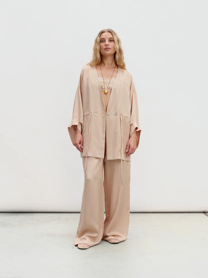 A sand-colored eucalyptus kimono suit with palazzo pants