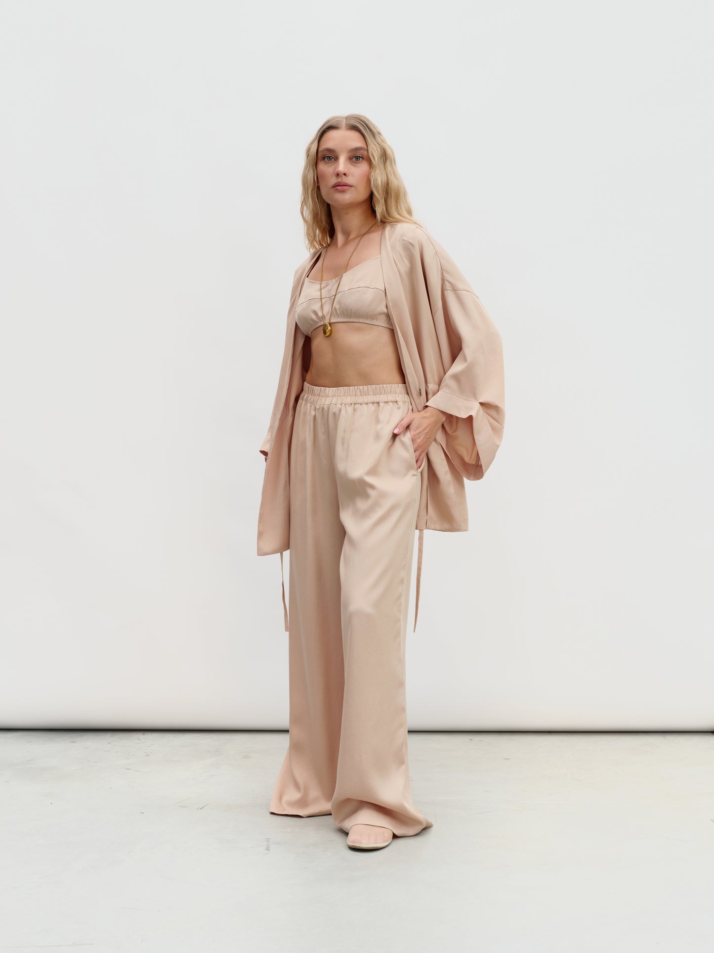 A sand-colored eucalyptus kimono suit with palazzo pants