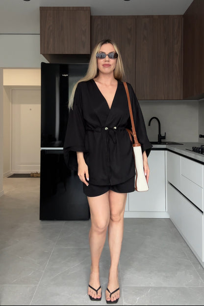 Eucalyptus kiss kimono set with shorts in black