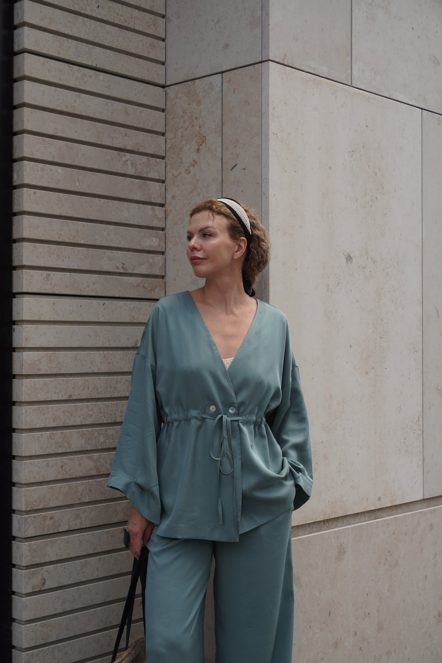 Eucalyptus kiss kimono set with pants in grass green