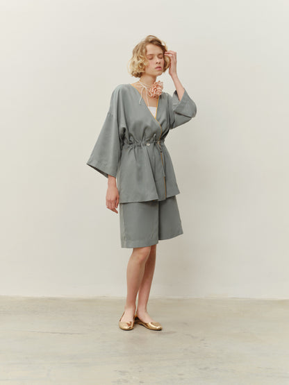 An eucalyptus kimono set with shorts in green color