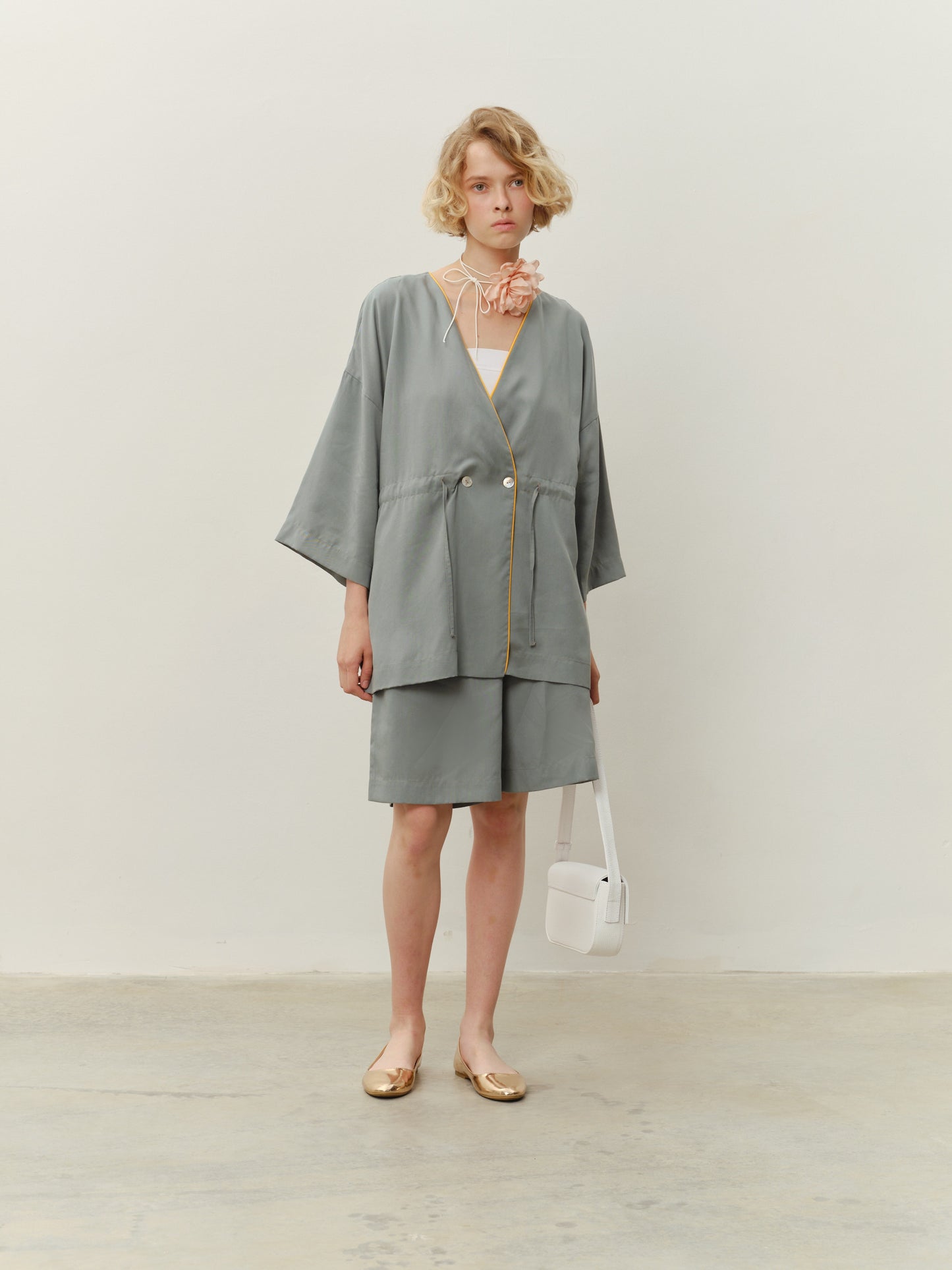 An eucalyptus kimono set with shorts in green color