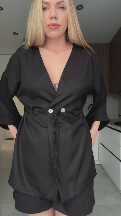 Eucalyptus kiss kimono set with shorts in black